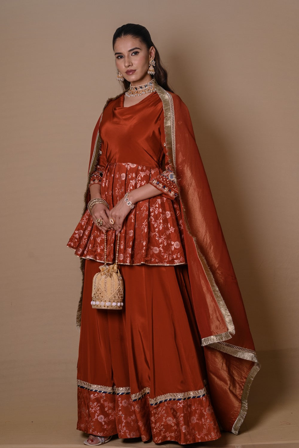 Rust brown cowl lehenga set