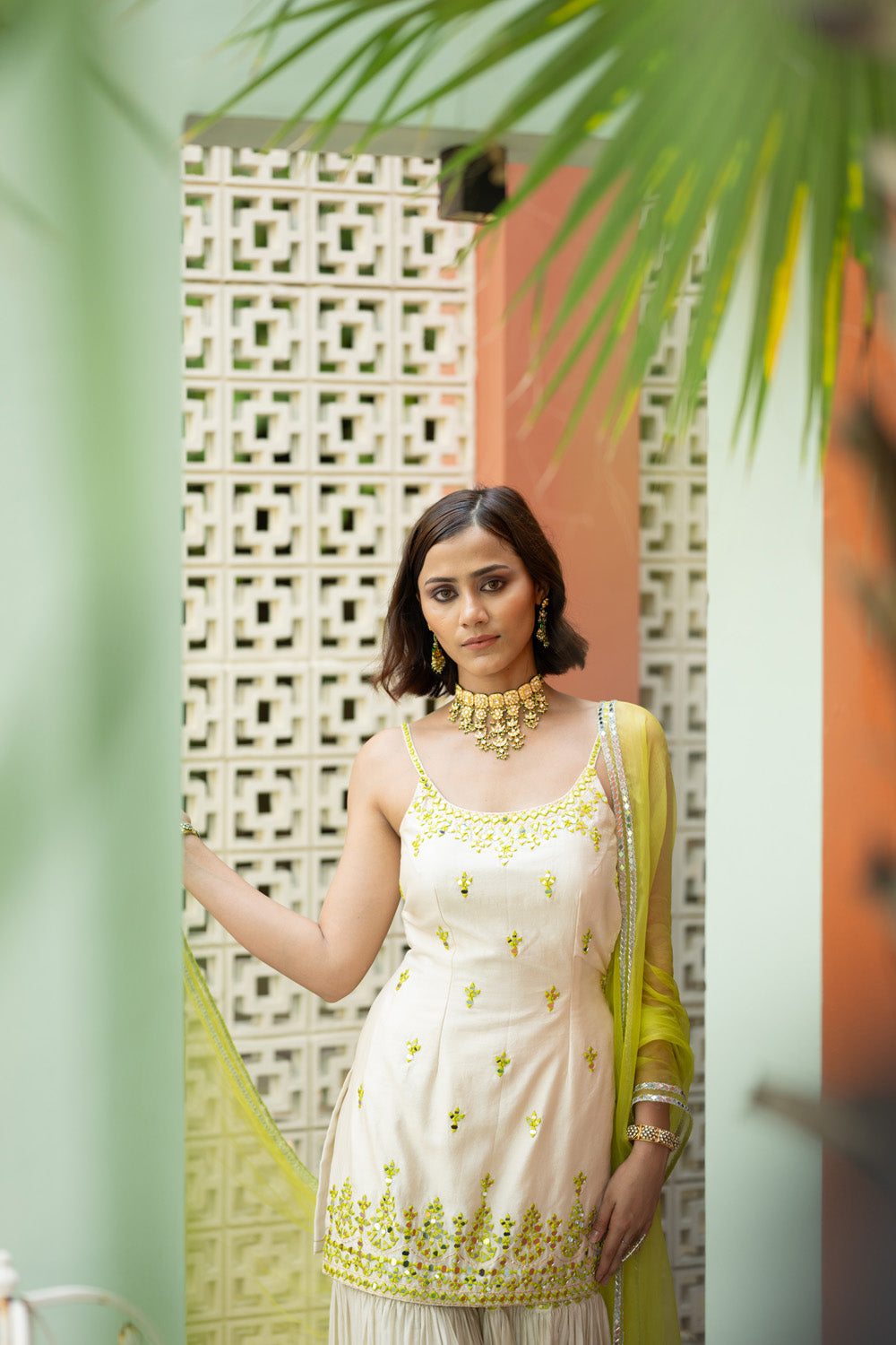 Offwhite Green Embroidered Sharara