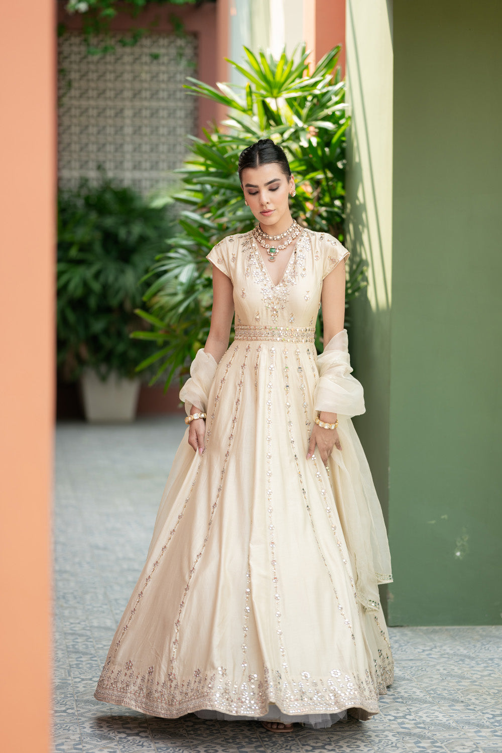 Offwhite Mirror Anarkali Set
