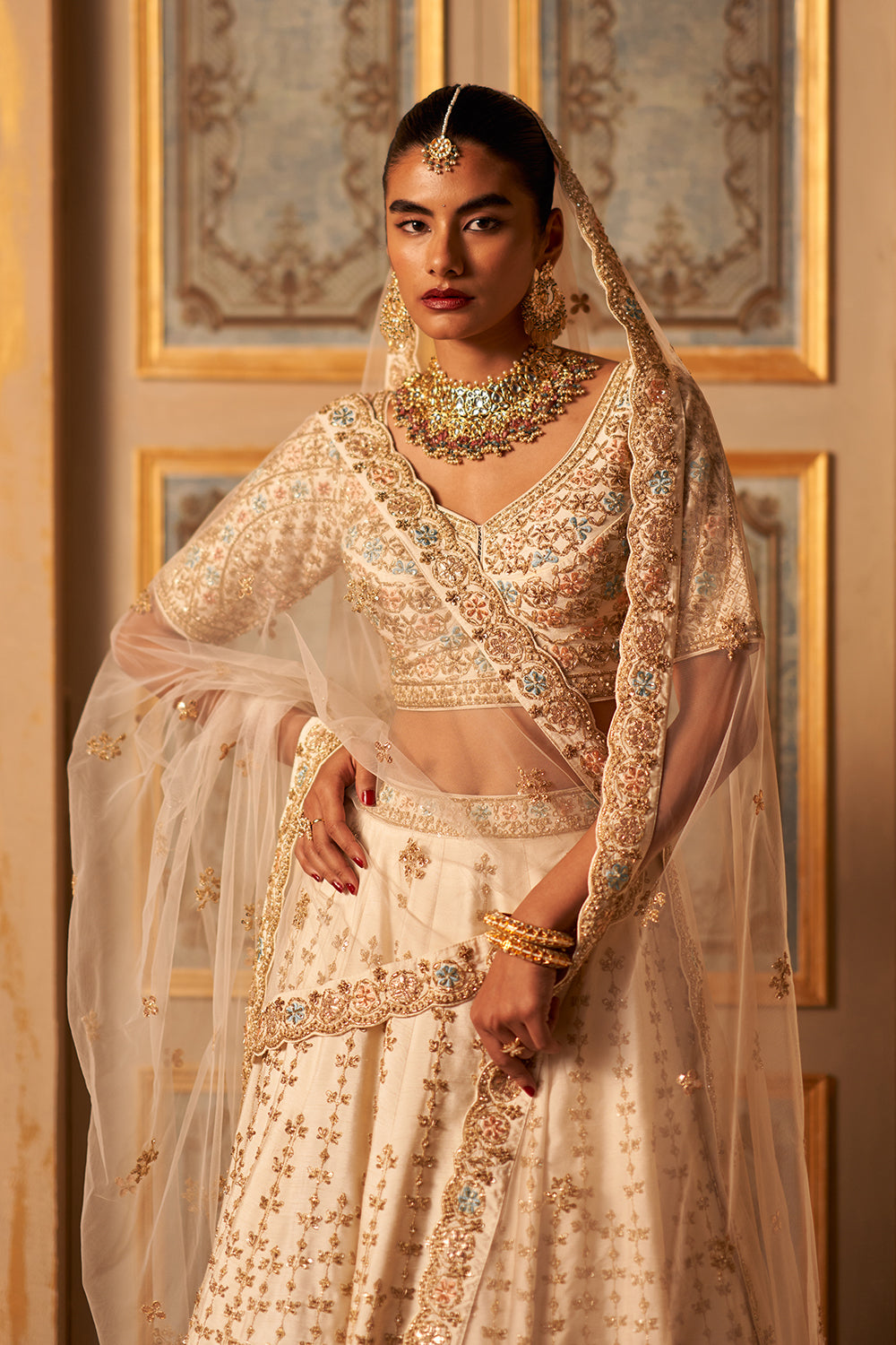 Ivory Raw Silk Double Dupatta Lehenga Set