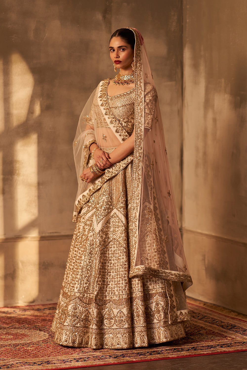 Ivory Raw Silk Double Dupatta Lehenga Set
