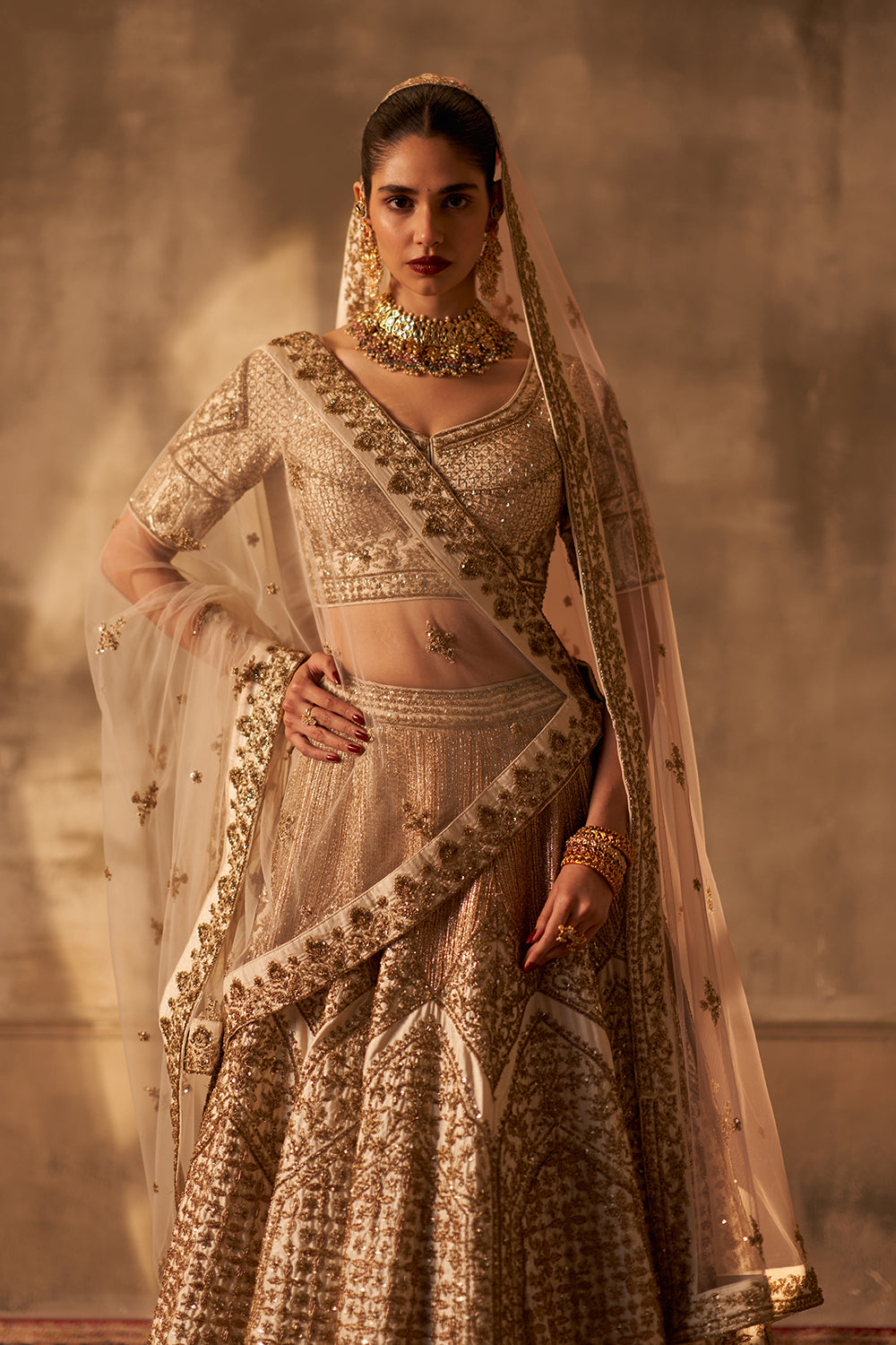 Ivory Raw Silk Double Dupatta Lehenga Set