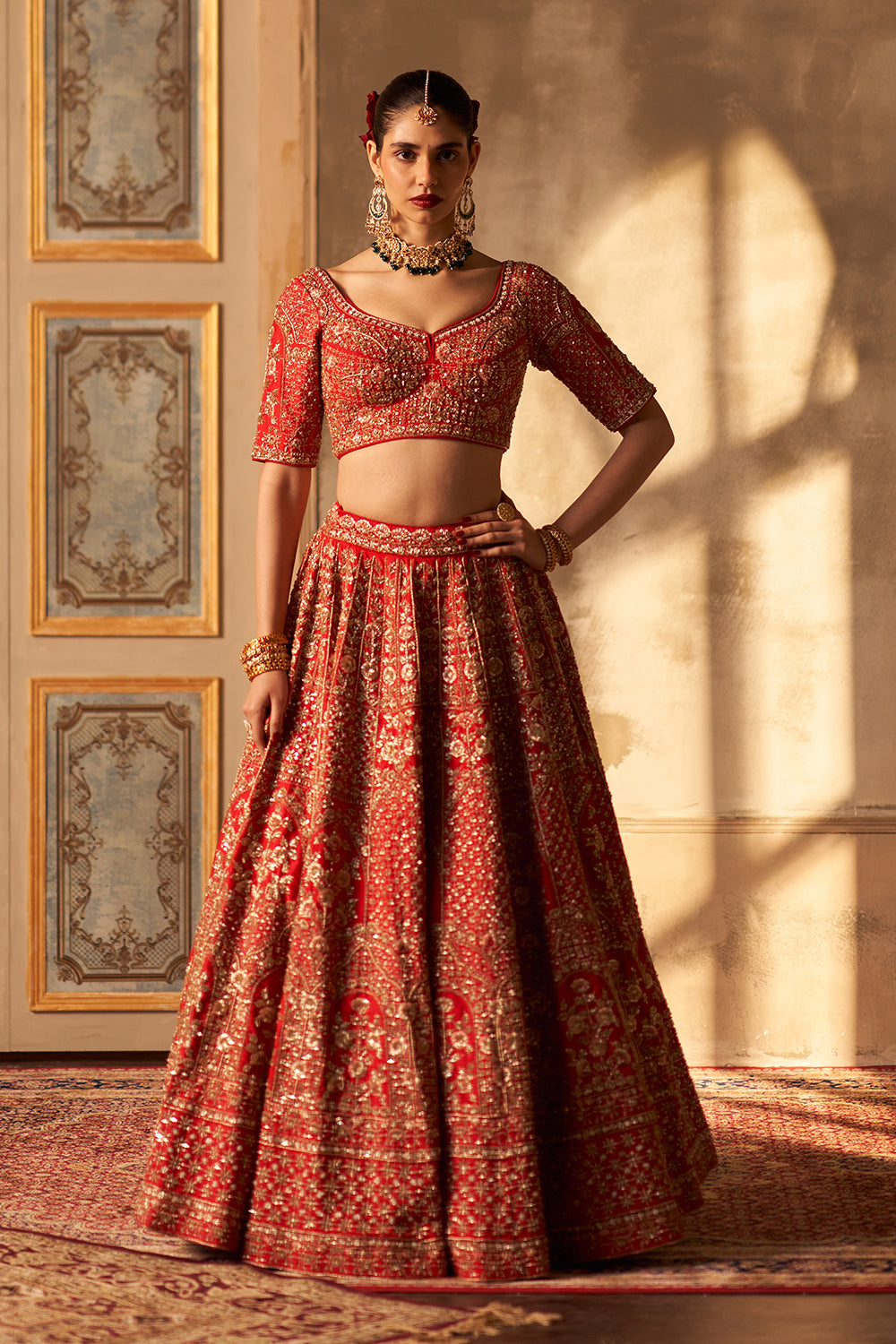 Red Raw Silk Double Dupatta Lehenga Set