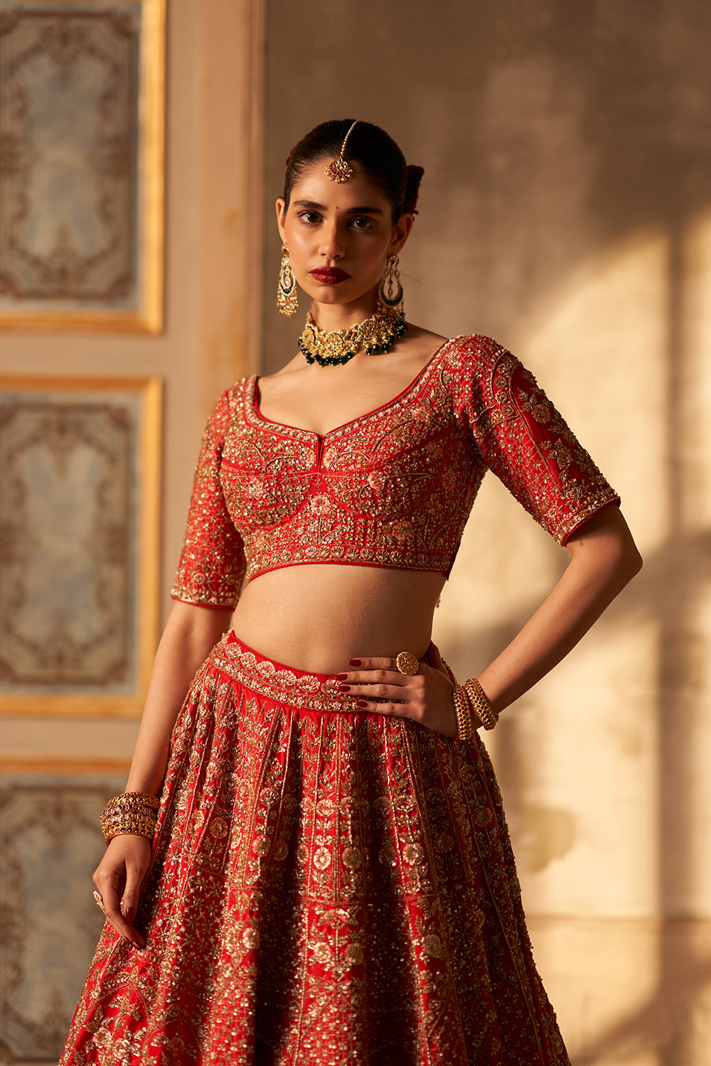 Red Raw Silk Double Dupatta Lehenga Set