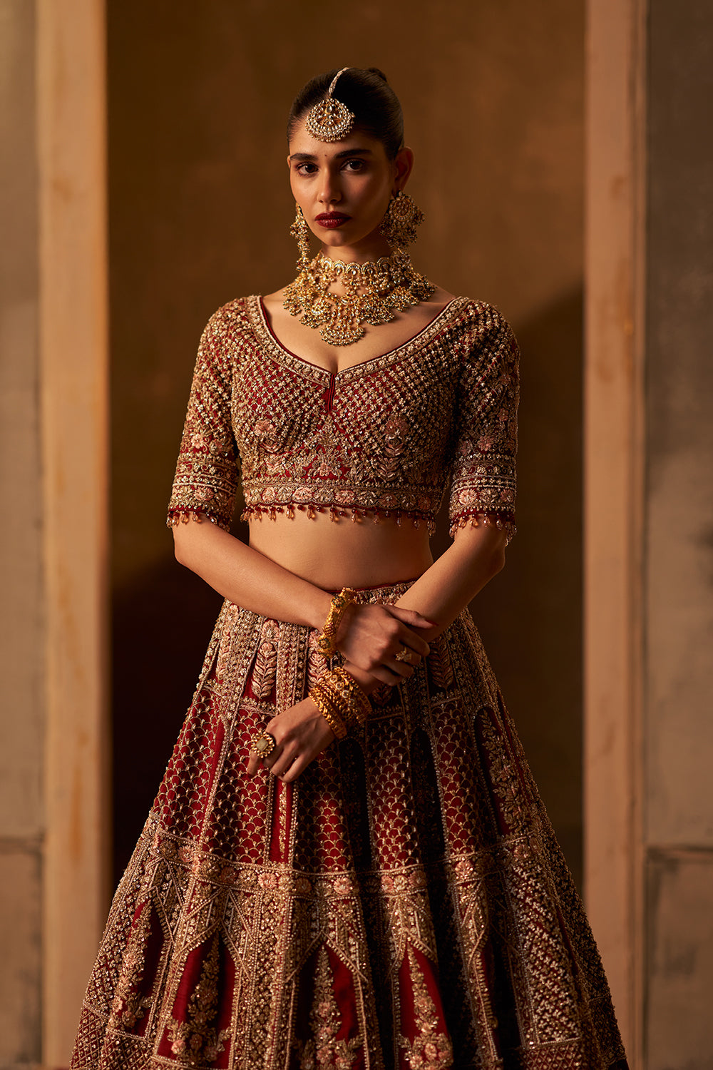 Maroon Raw Silk Double Dupatta Lehenga Set