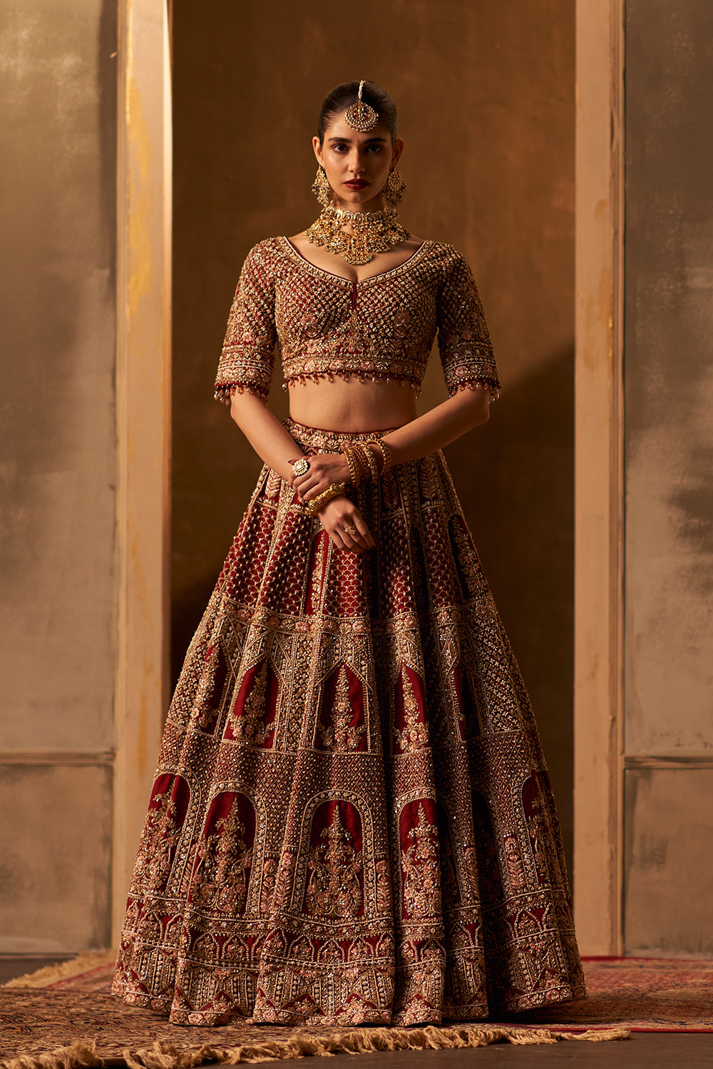 Maroon Raw Silk Double Dupatta Lehenga Set