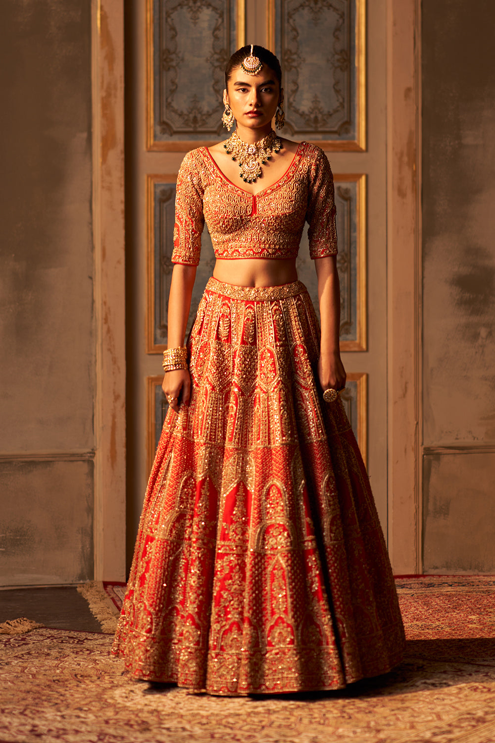 Red Raw Silk Double Dupatta Lehenga Set