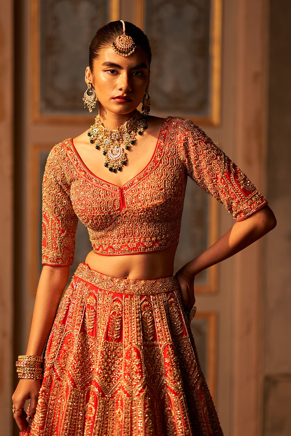 Red Raw Silk Double Dupatta Lehenga Set
