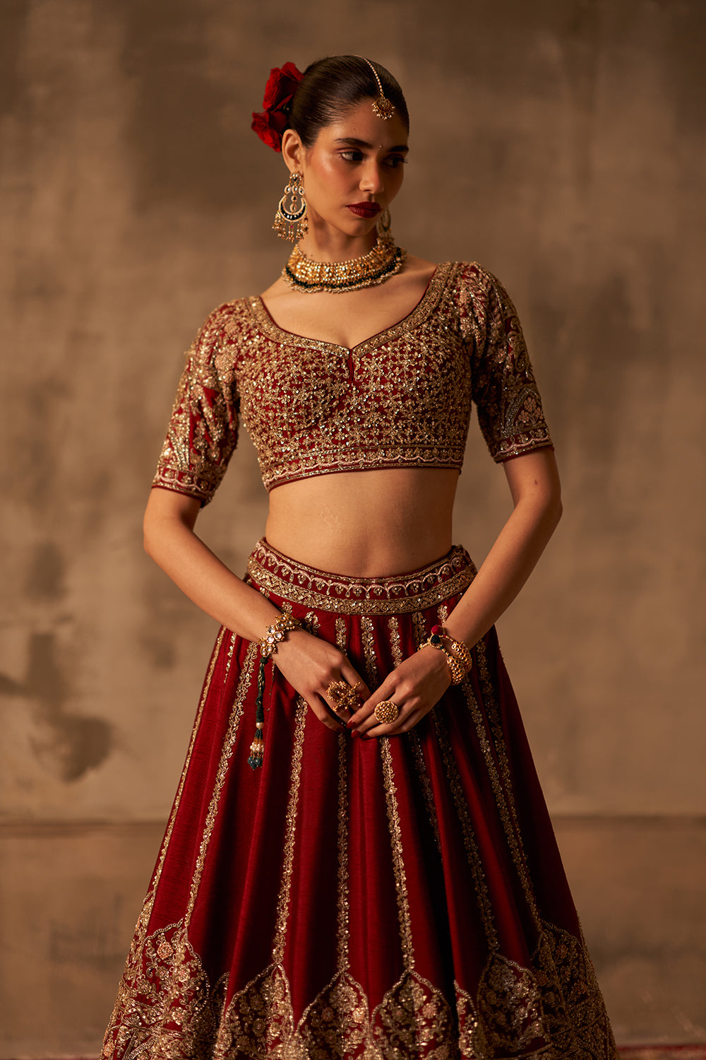 Maroon Raw Silk Double Dupatta Lehenga Set