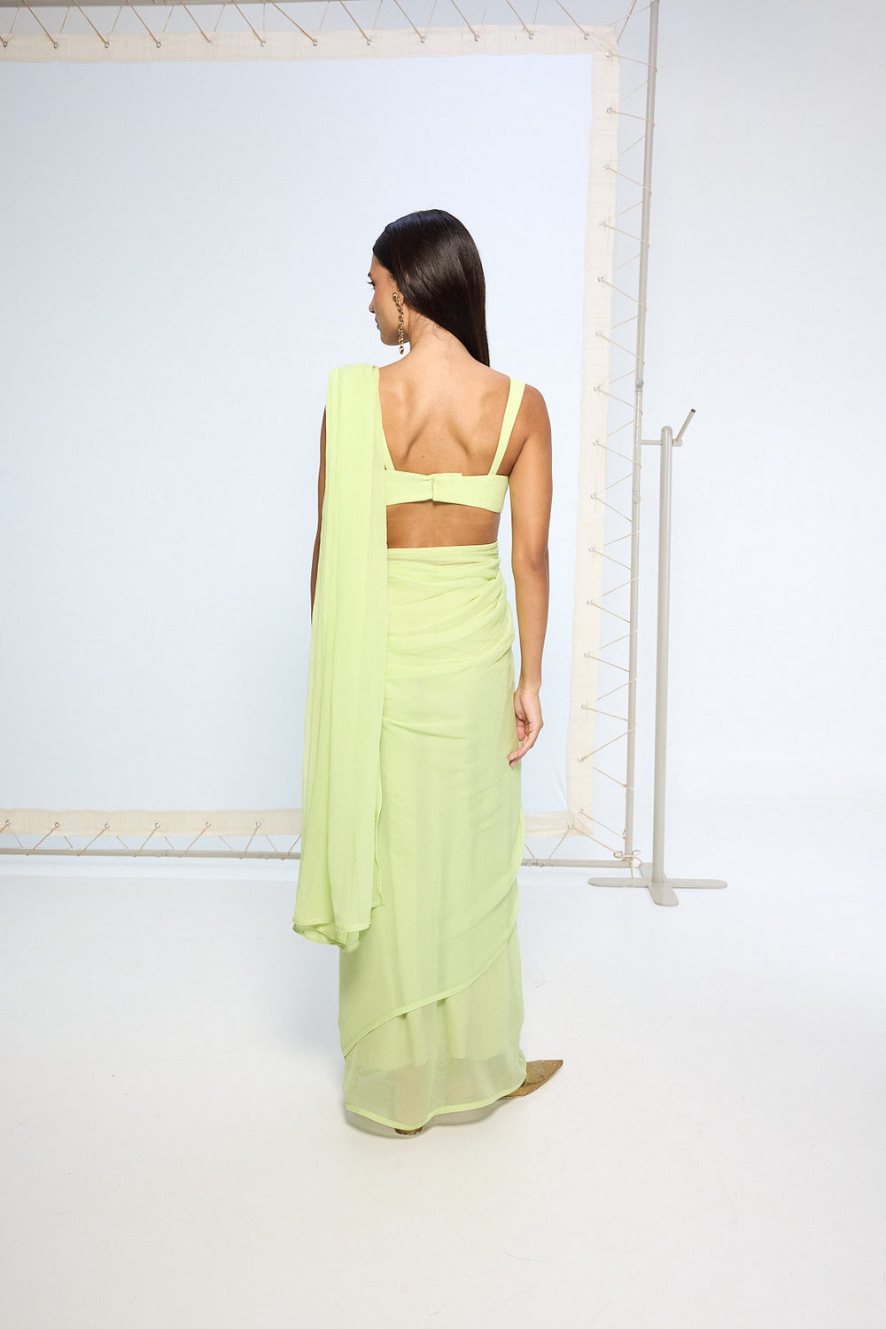 Lime Green Movable Brooch Saree