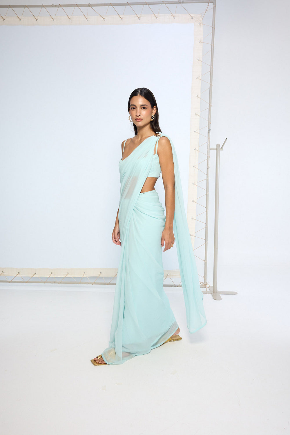 Ice Blue Movable Brooch Saree