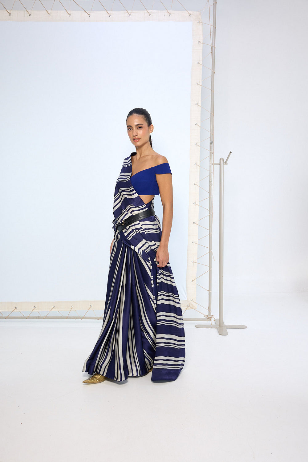 Navy Striped Printed Saree