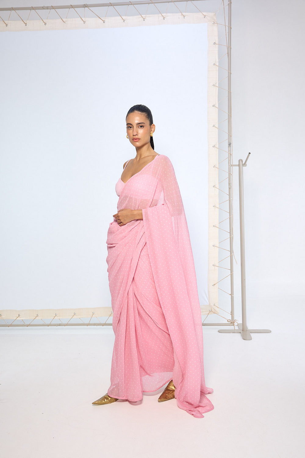 Strawberry Pink Polka Dotted Saree