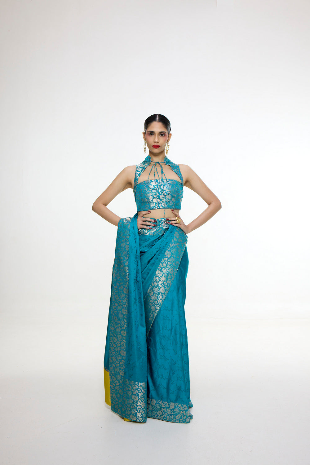 Handwoven Coral Blue Saree