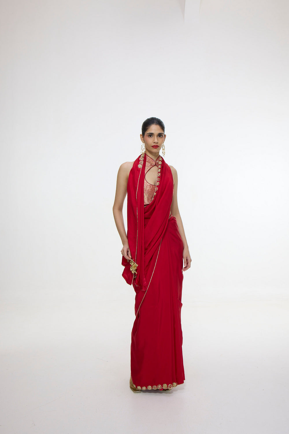 Handwoven Embroidered Vermillion Saree With Gold Button Detailing