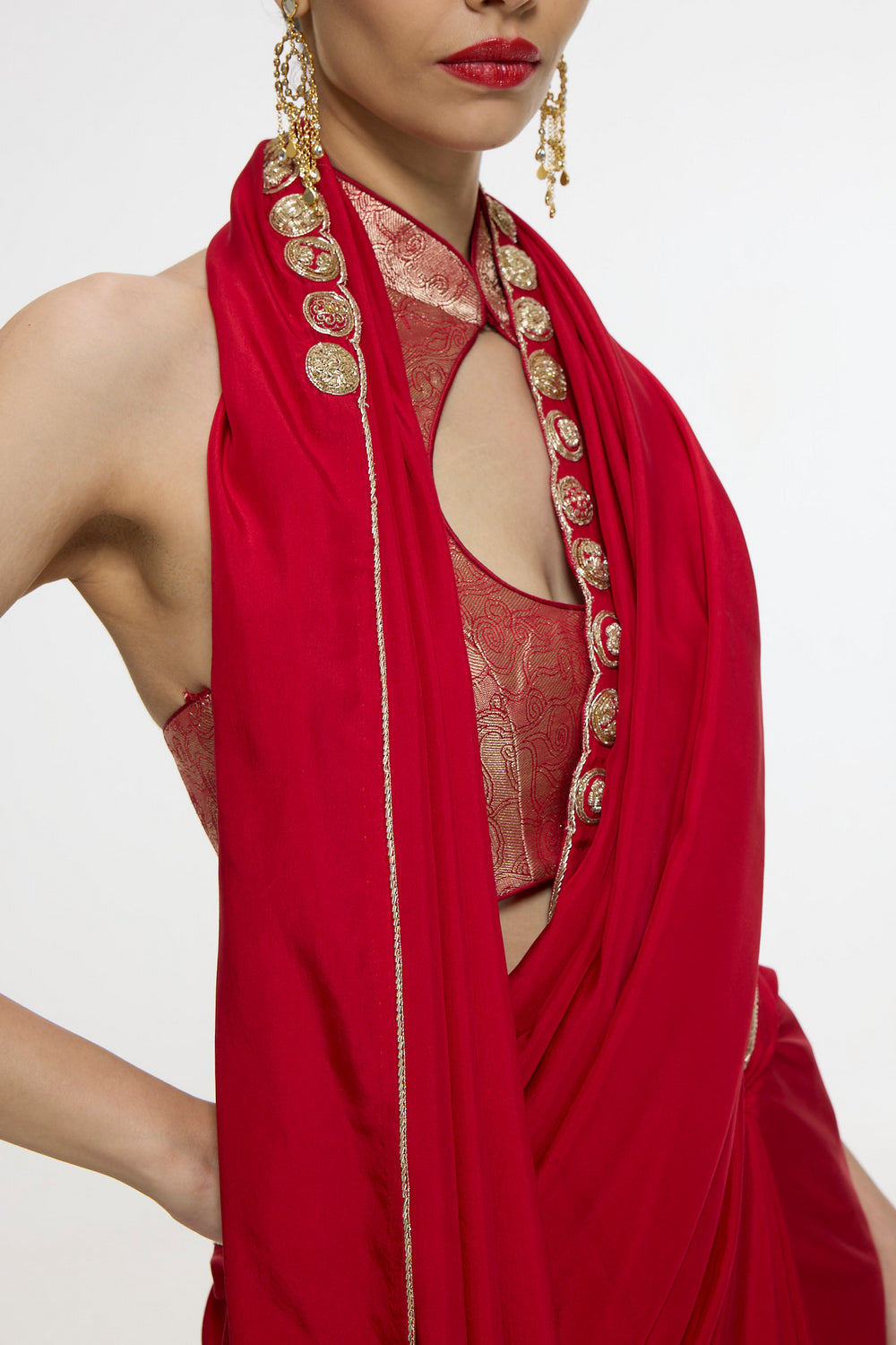 Handwoven Embroidered Vermillion Saree With Gold Button Detailing