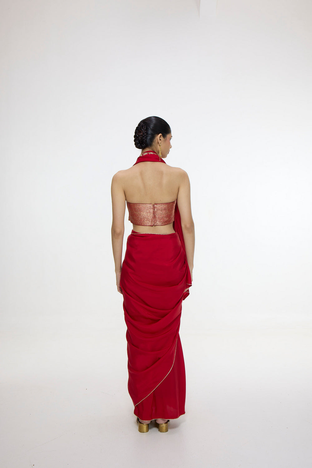 Handwoven Embroidered Vermillion Saree With Gold Button Detailing