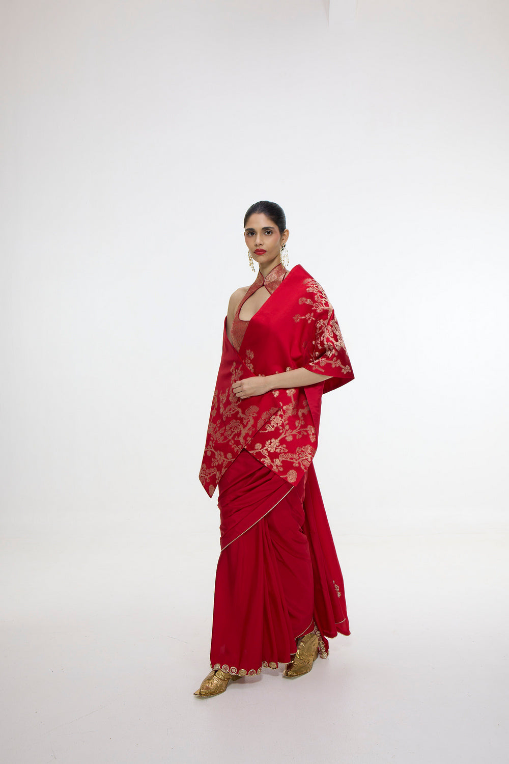 Handwoven Embroidered Vermillion Saree With Gold Button Detailing