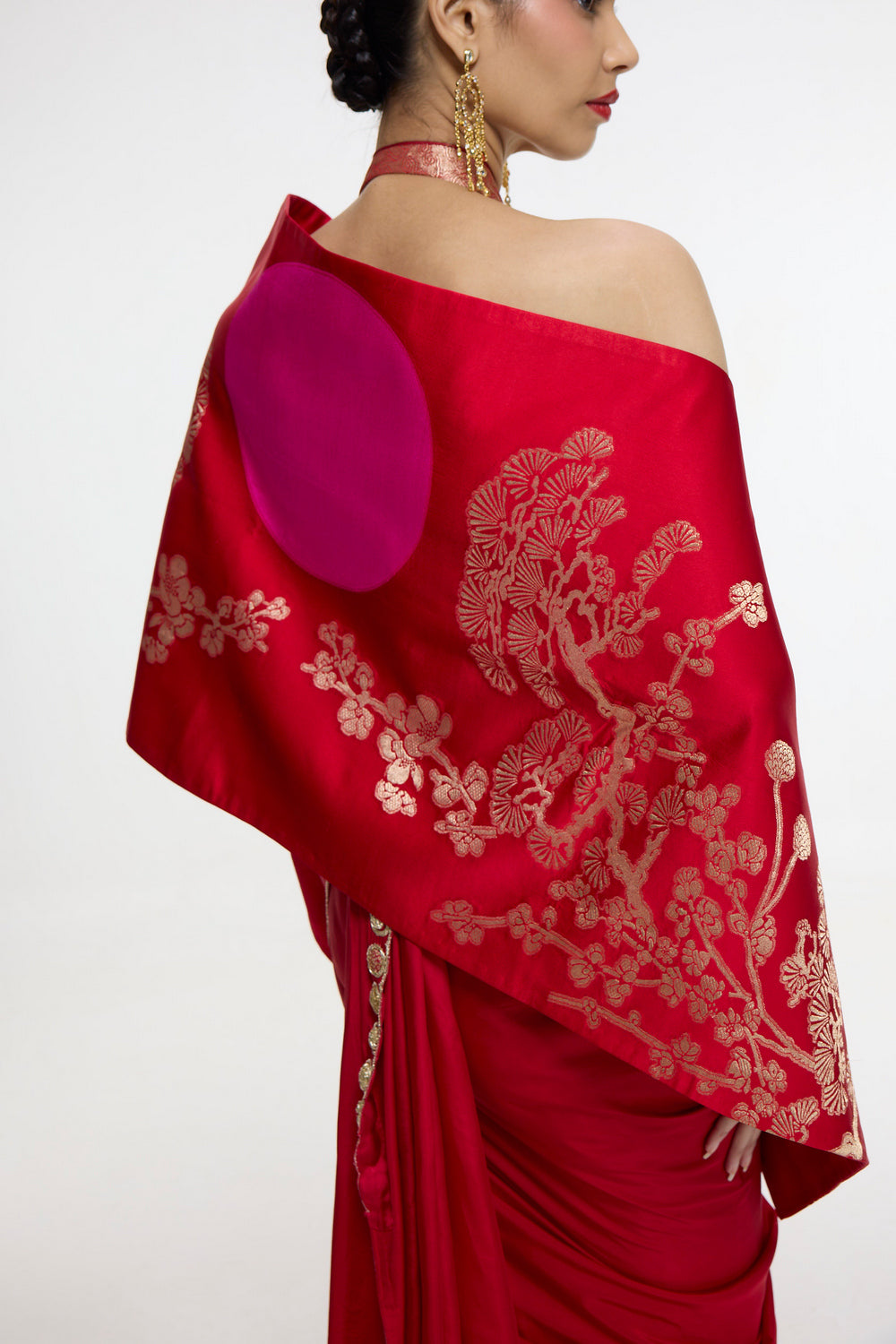 Handwoven Embroidered Vermillion Saree With Gold Button Detailing