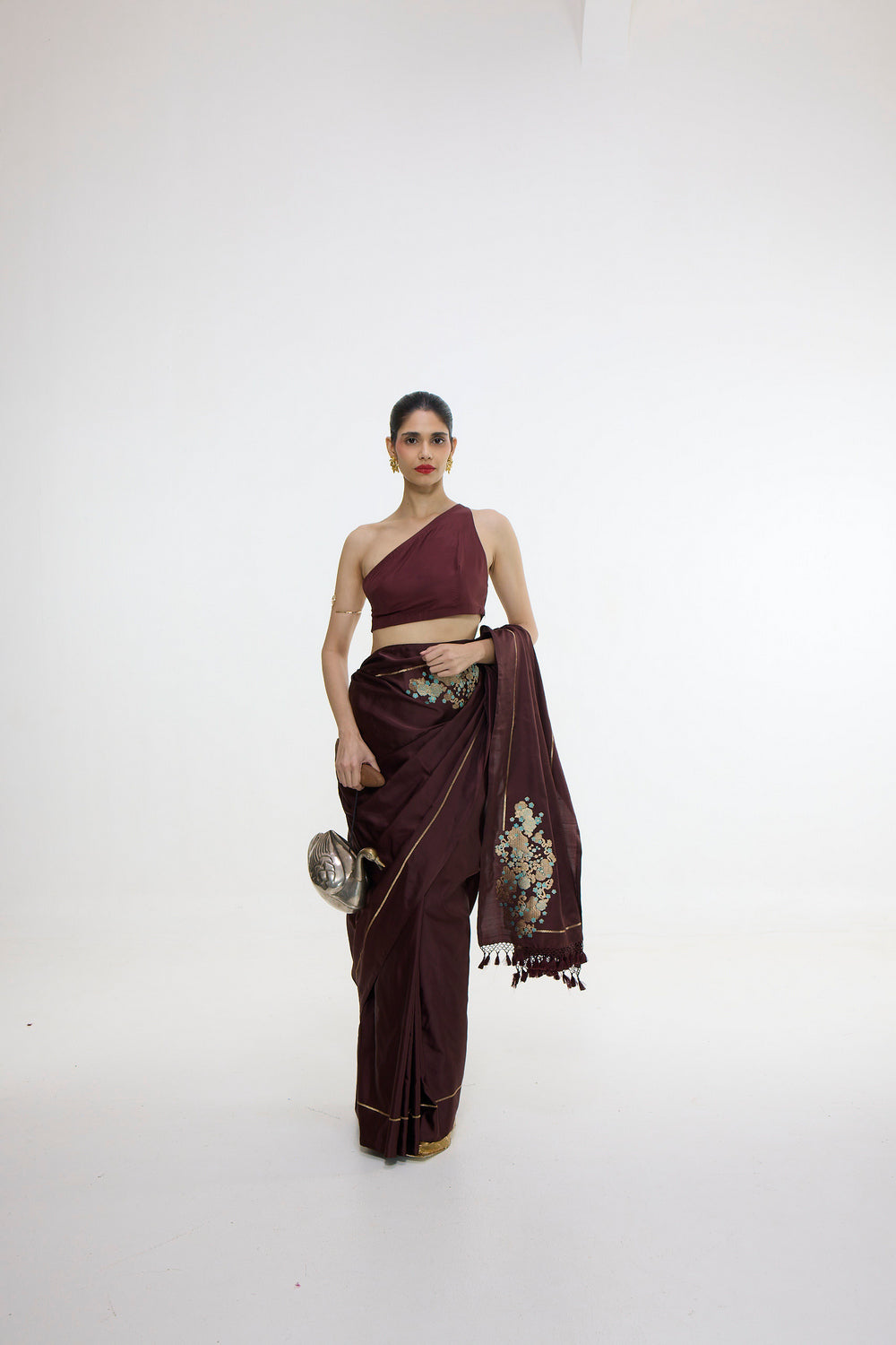 Handwoven Burgundy Saree With Embroidered Panel