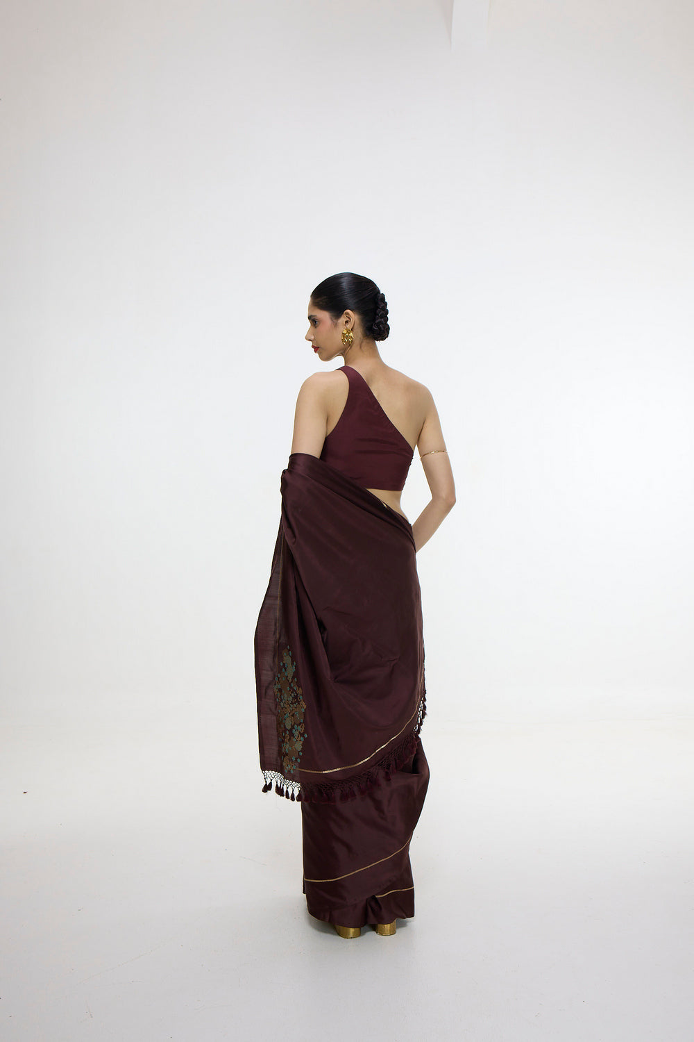 Handwoven Burgundy Saree With Embroidered Panel