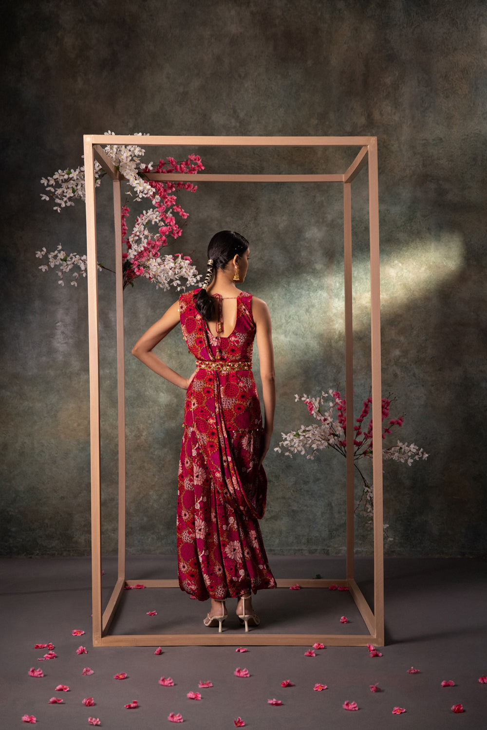 Pink Printed Top, Draped Pants, Drape And Belt Set With Embroidery