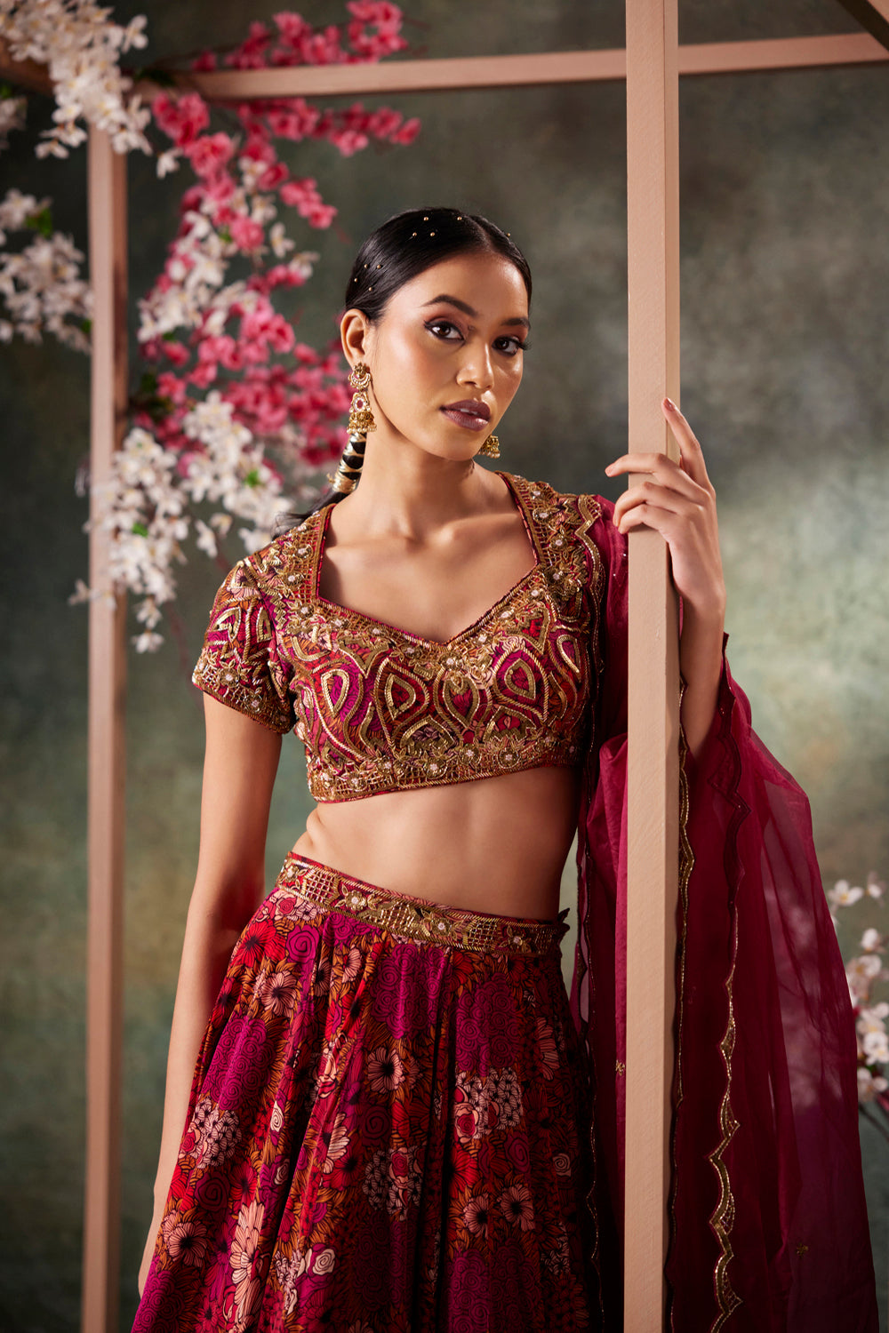 Pink Printed Choli, Lehenga And Dupatta Set With Embroidery