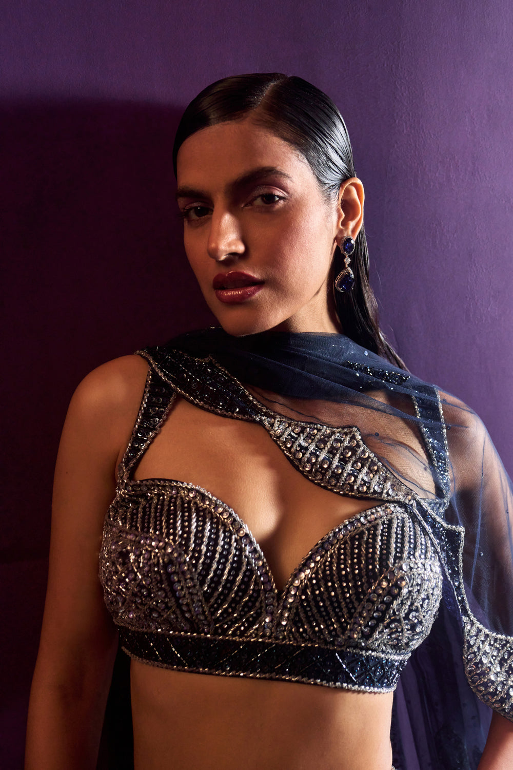 Midnight Blue Net Lehenga Set