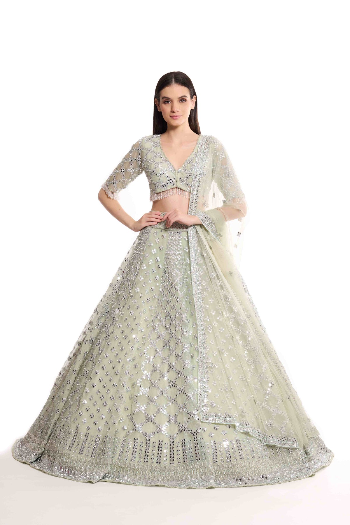 Green mirror work lehenga