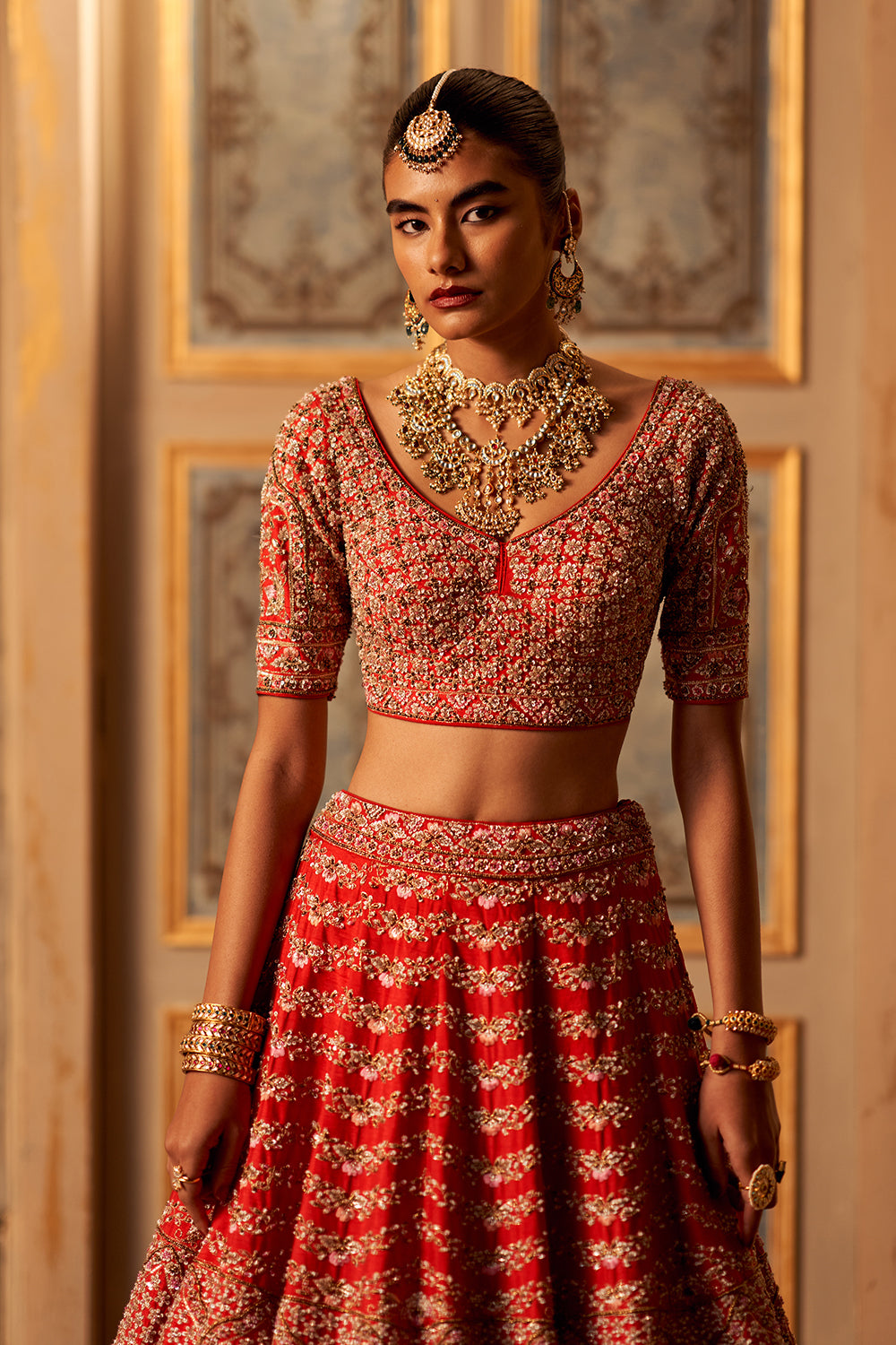 Red Raw Silk Double Dupatta Lehenga Set