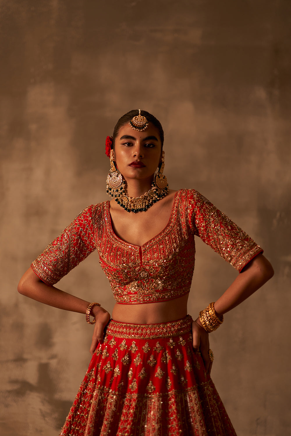 Red Raw Silk Double Dupatta Lehenga Set