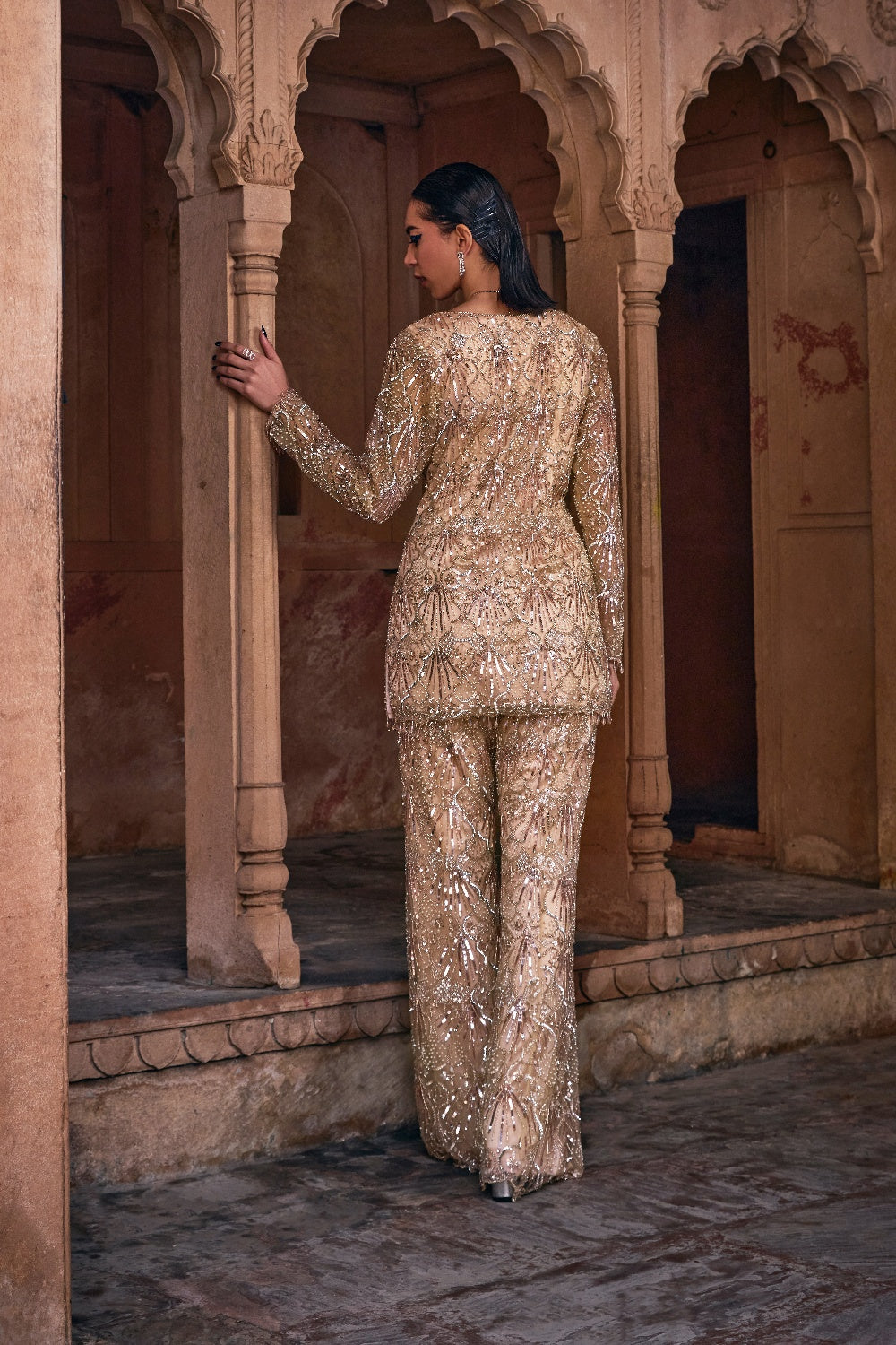 Champagne Gold  Embroidered Kurti Set