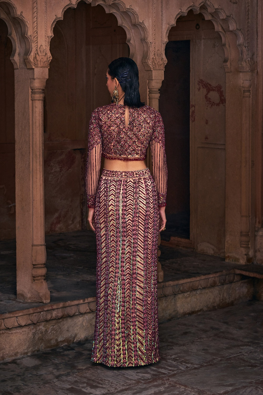 Maroon Embroidered Crop Top Skirt Set