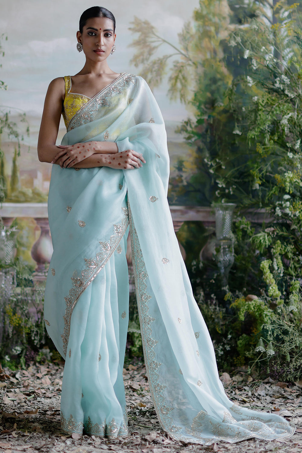 Aqua Yellow Saree Set