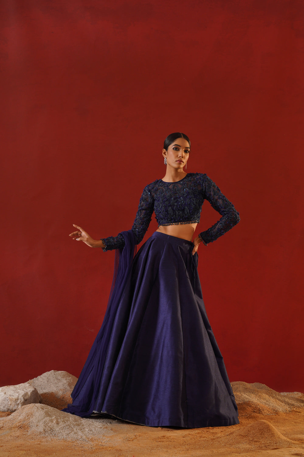 Navy Blue Dupion Silk Lehenga Choli Set