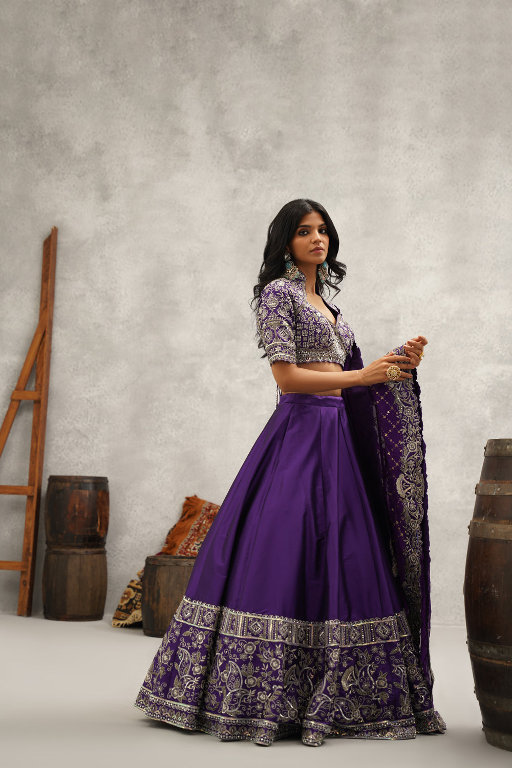 Purple Silk Embroidered Blouse, Lehenga And Dupatta Set