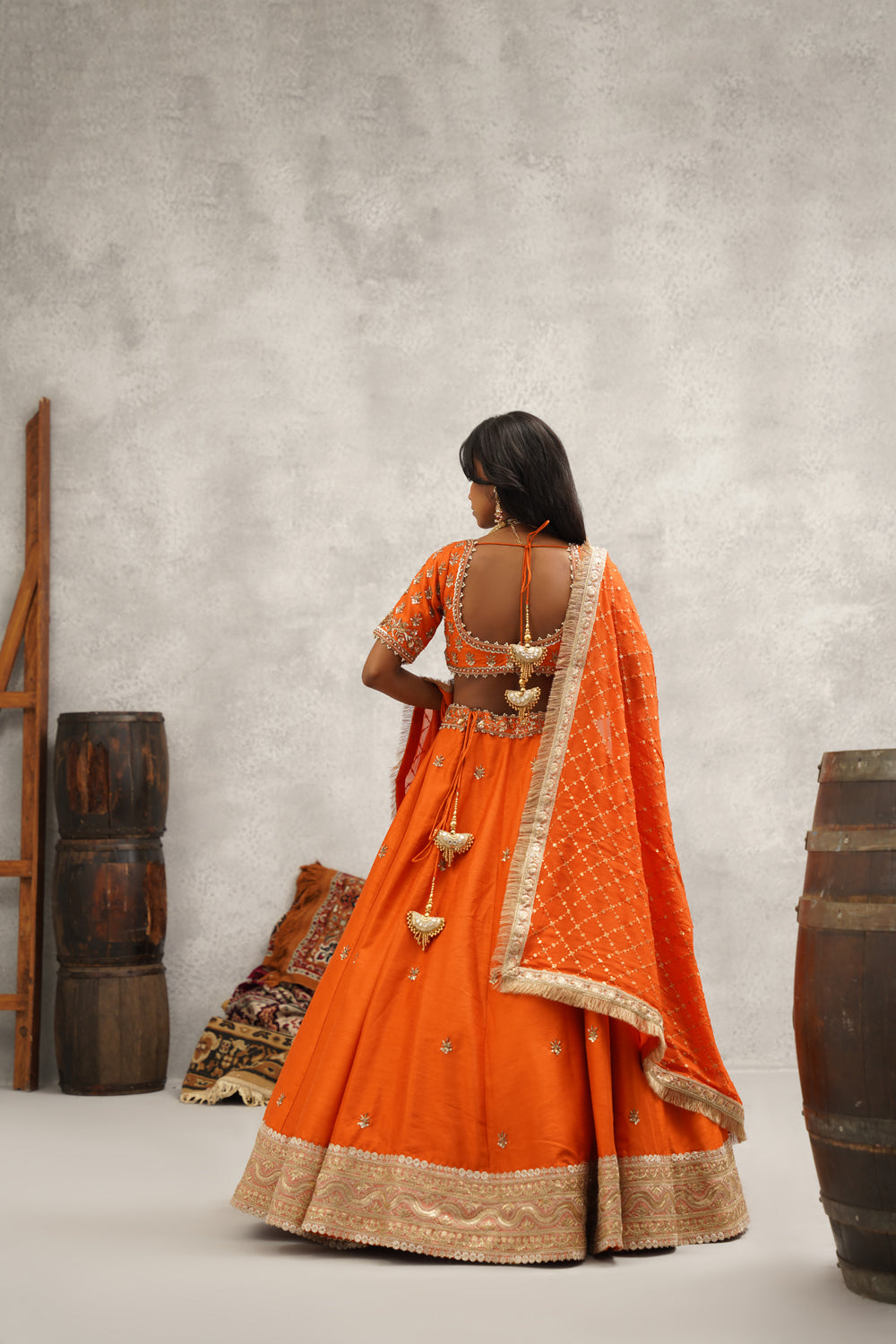 Rust Orange Embroidered Blouse, Lehenga And Dupatta Set