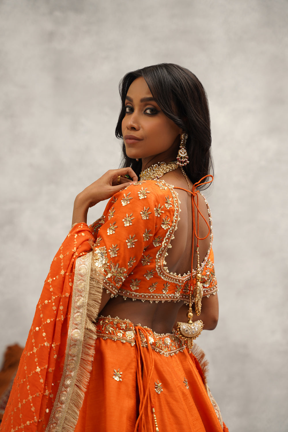 Rust Orange Embroidered Blouse, Lehenga And Dupatta Set
