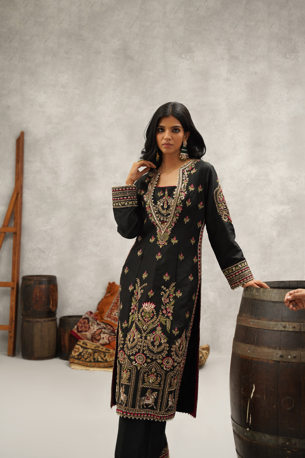 Black Embroidered Silk Bustier, Kurti, Pant And Dupatta Set