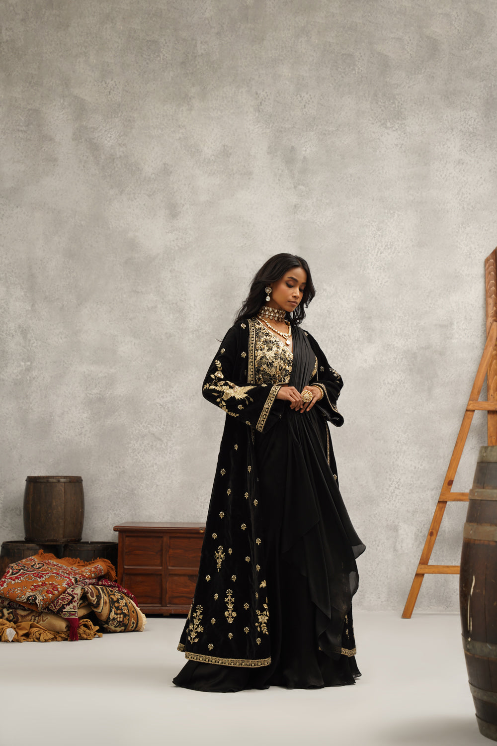 Black Embroidered Saree Set