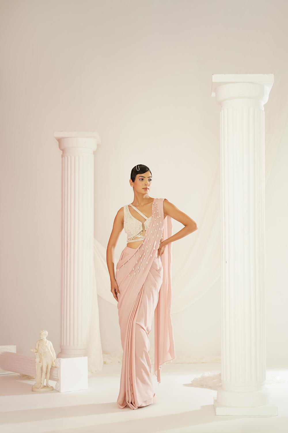 Blush Pink Embroidered Blouse With Ready To Wear Drape Saree Set