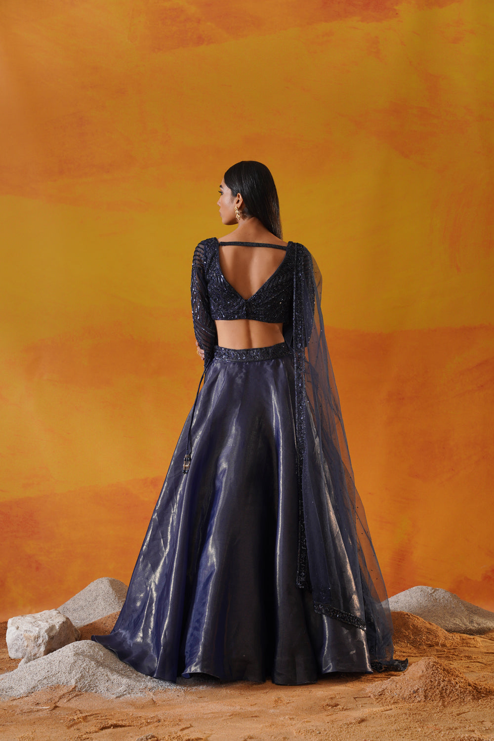 Navy Blue Tisue Organza Lehenga Choli Set