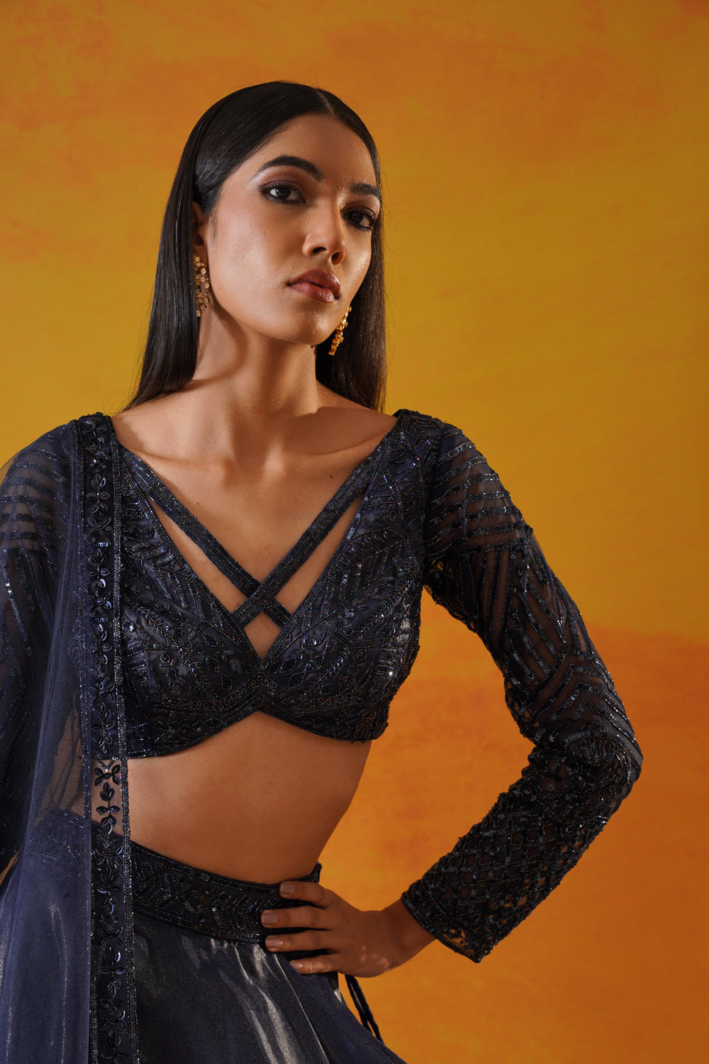 Navy Blue Tisue Organza Lehenga Choli Set