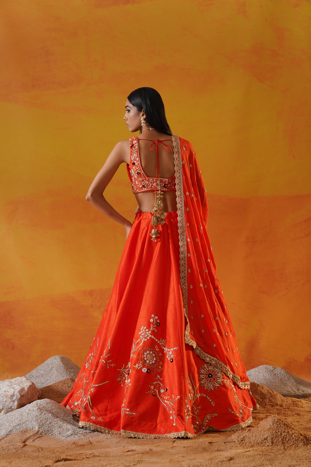 Orange Dupion Silk Lehenga Choli Set