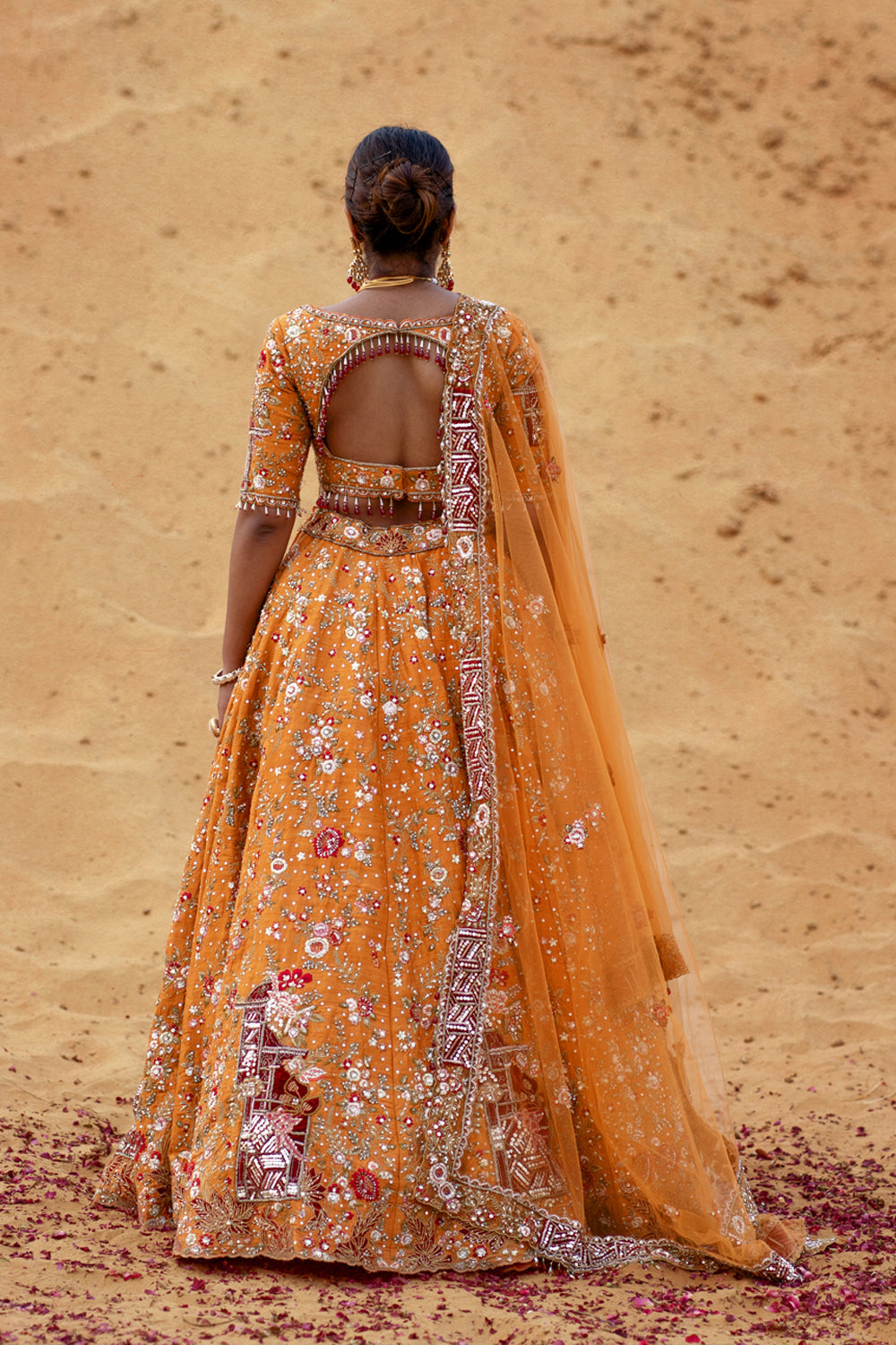 Mustard Orange Hand Embroidered Lehenga Set