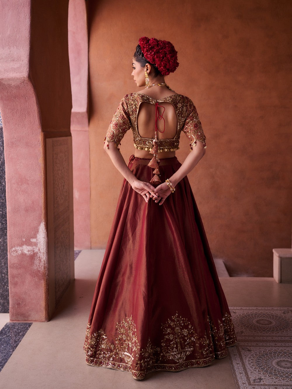 Maroon and beige shimmer tissue silk blouse,  lehenga and dupatta