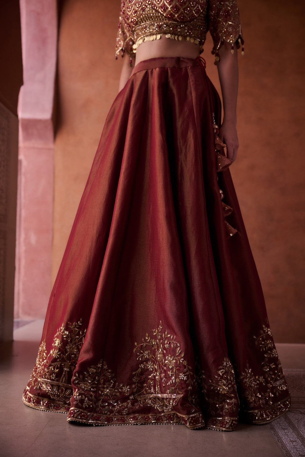 Maroon and beige shimmer tissue silk blouse,  lehenga and dupatta