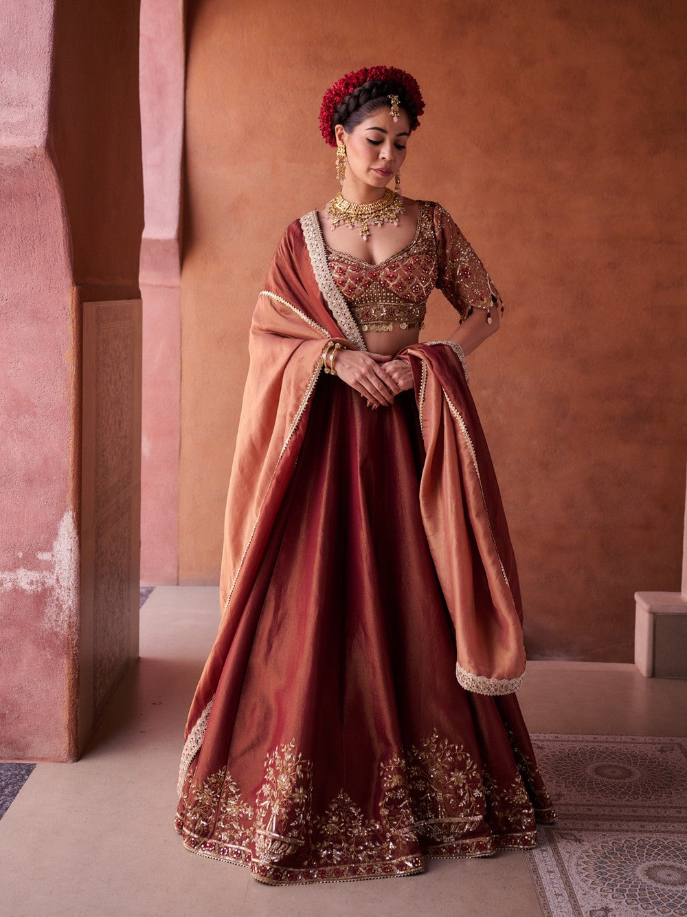 Maroon and beige shimmer tissue silk blouse,  lehenga and dupatta
