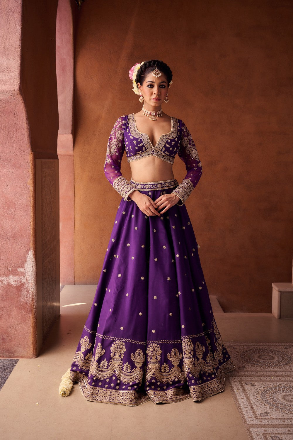 Purple Upada silk blouse, lehenga and georgette dupatta
