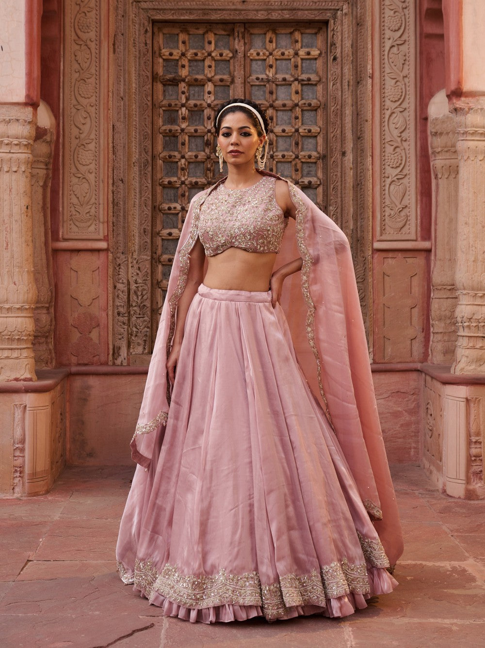 Blush pink glass tissue silk blouse, lehenga and dupatta
